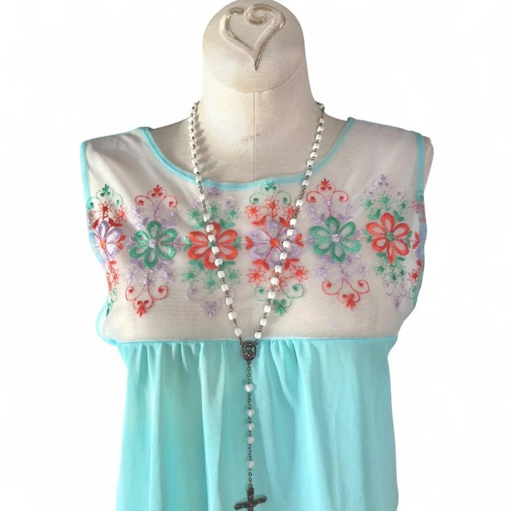 Vintage 60s Mod Babydoll‎ Nightie Pastel Blue Embroidered Floral Mini Slip S - Picture 3 of 6